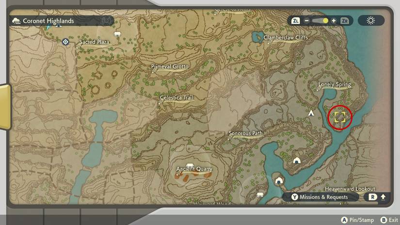 Wanda's location in the Coronet Highlands in Pokemon Legends: Arceus.