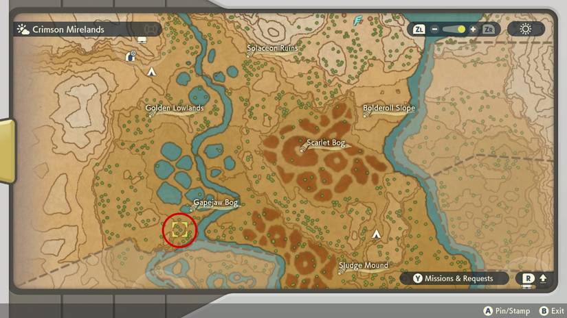 Wanda's location in the Crimson Mirelands in Pokemon Legends: Arceus.