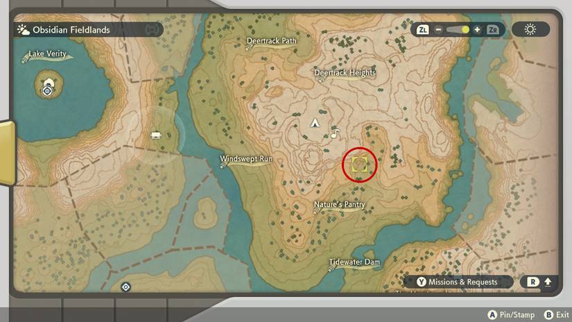 Wanda's location in the Obsidian Fieldlands in Pokemon Legends: Arceus.