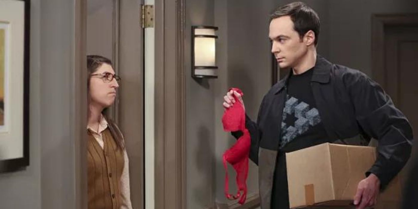 Sheldon returning a few of Amys things at her door on TBBT