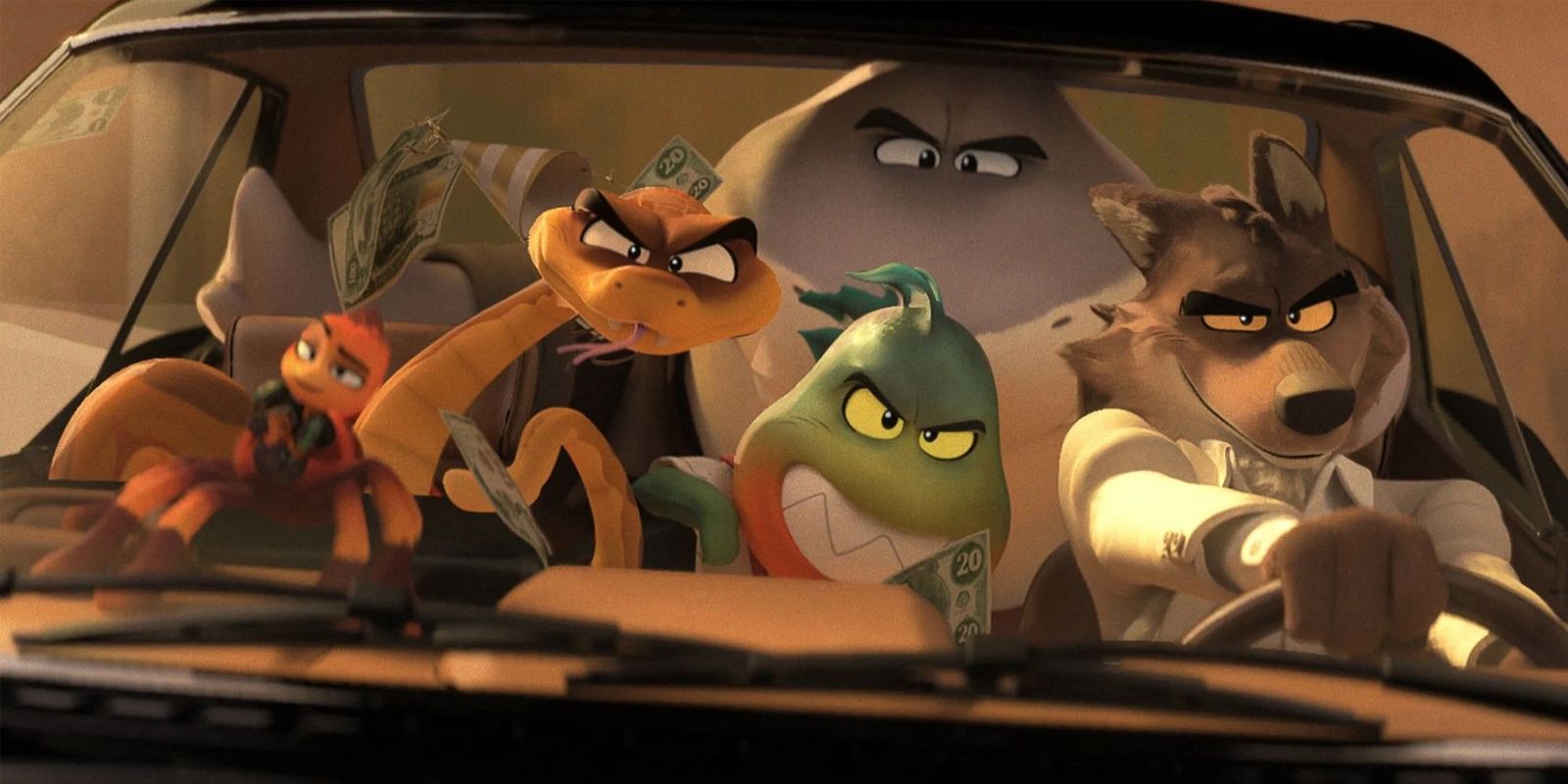 The Bad Guys driving a car
