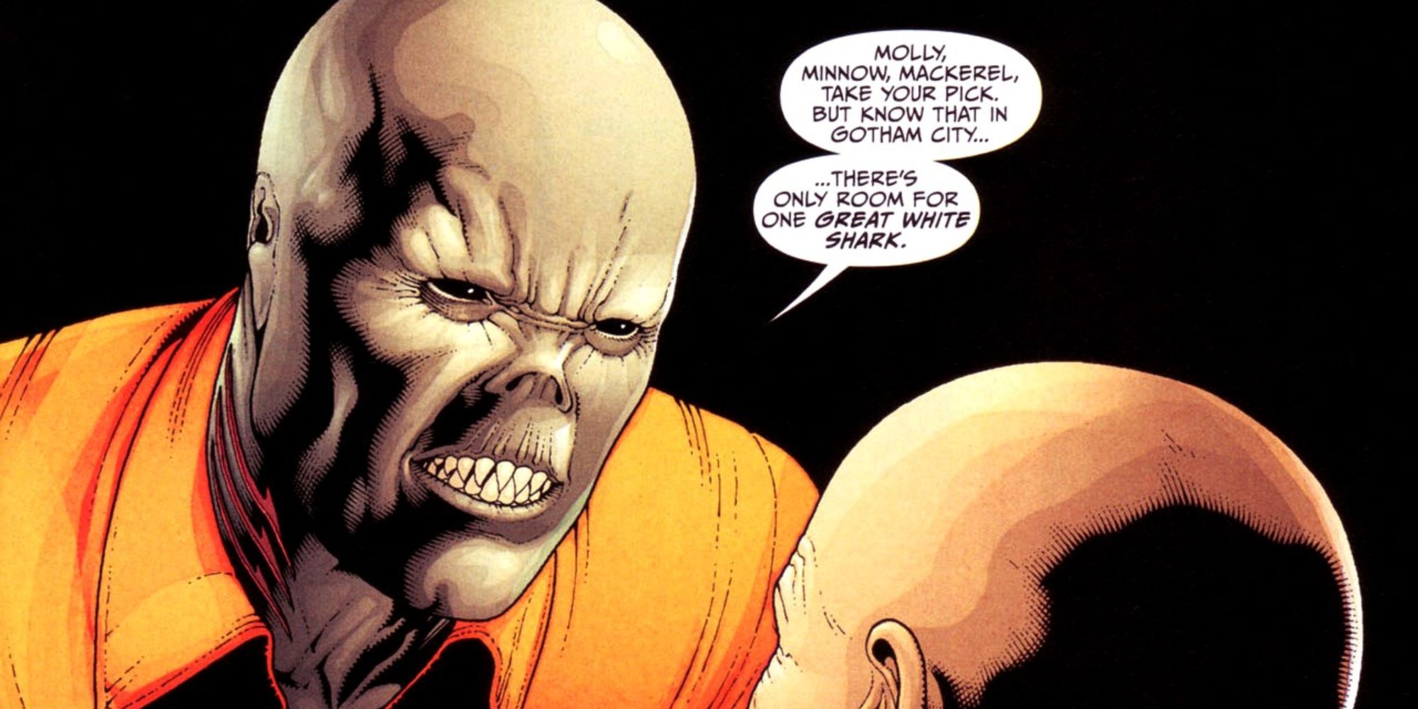 The Great White Shark threatening another prisoner in Batman comics