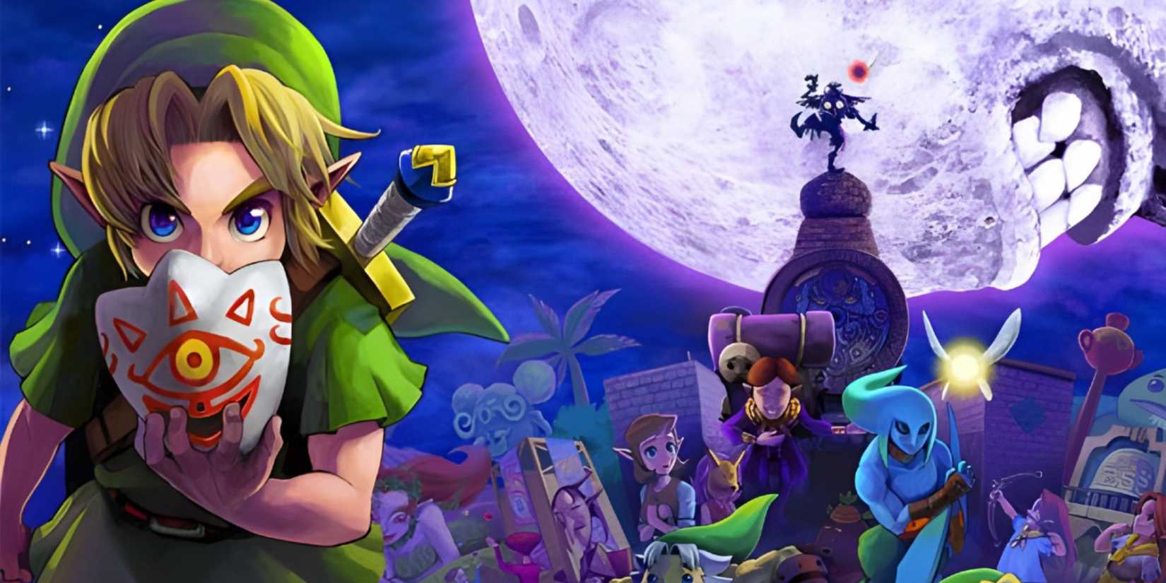majora's mask artwork with link, mask, moon, and skull kid