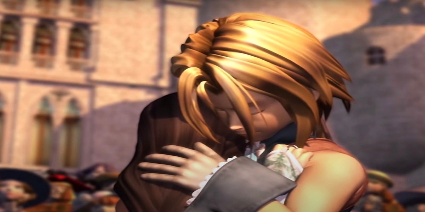 Garnet and Zidane hugging during the final cutscene in Final Fantasy IX