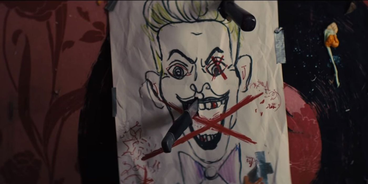 A drawing of the Joker with a knife stuck in it in Birds of Prey