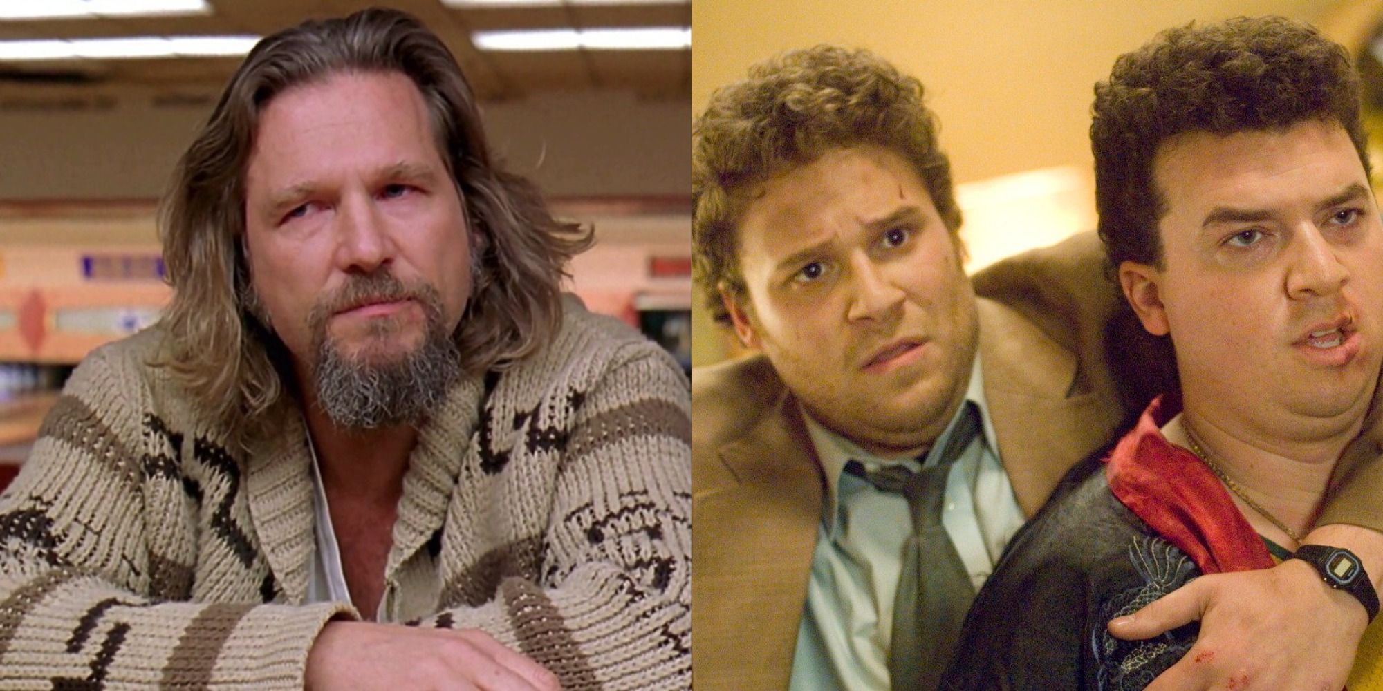 A split image of Dude in The Big Lebowski and Saul and Red in Pineapple