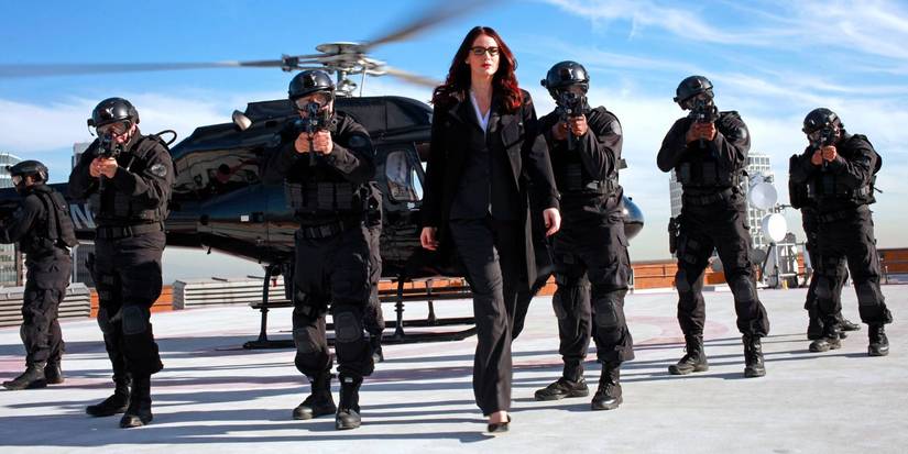 Agents of SHIELD scene with Victoria Hand walking out of a helicopter