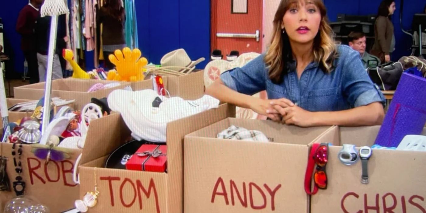 Ann standing by her ex boyfriend boxes on Parks and Rec.