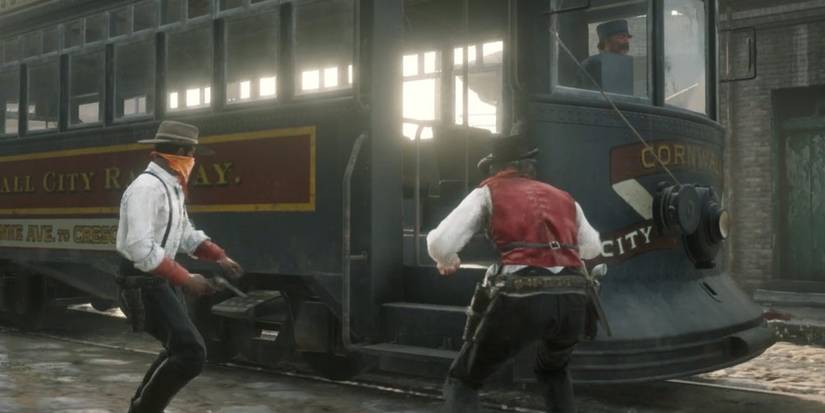 Arthur, Lenny, and Dutch steal a trolley in Saint Denis to escape police in Red Dead Redemption 2