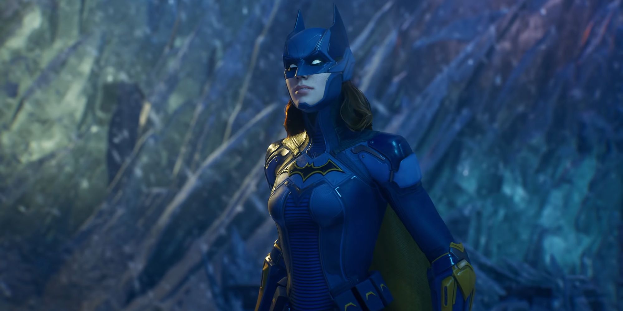 Batgirl in her armored batsuit in Mr. Freezes fortress in Gotham Knights
