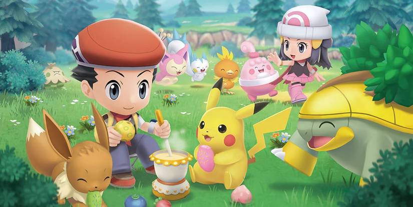 Promotional art for Pokémon Brilliant Diamond and Shining Pearl with a trainer cooking food while surrounded by Pokémon
