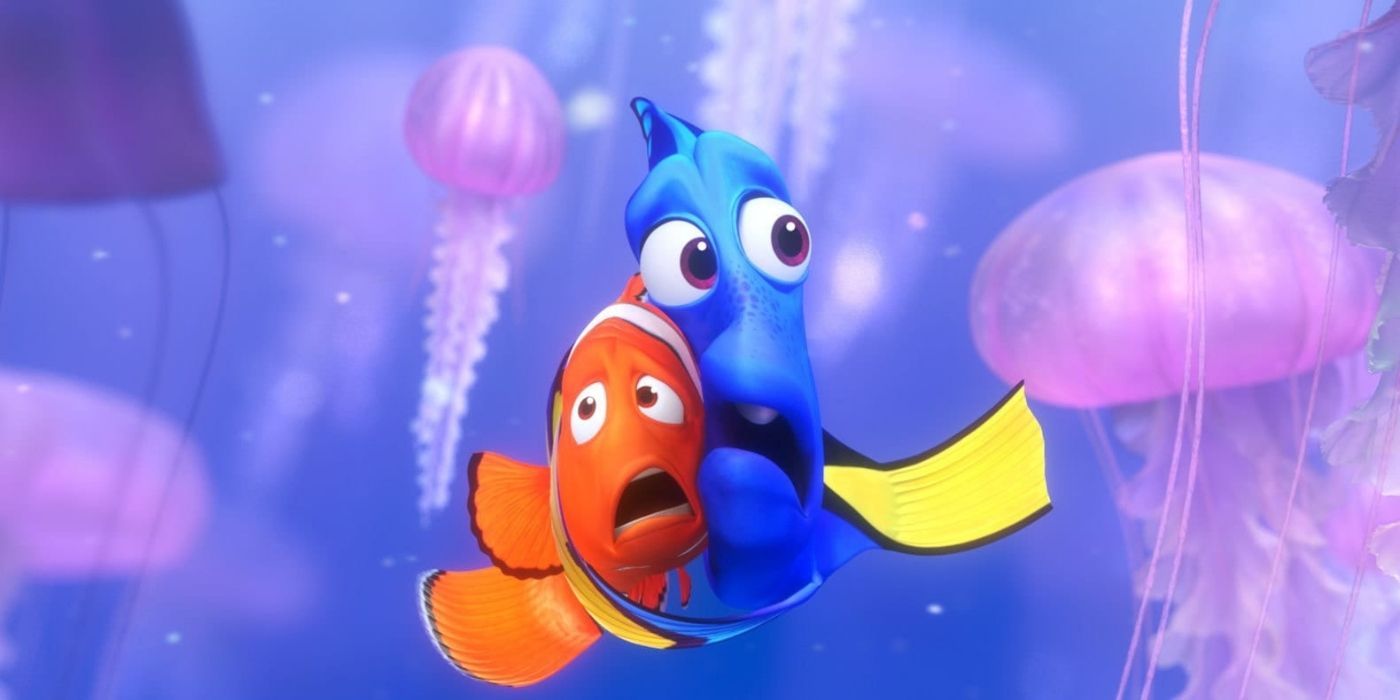 Dory and Marlin hiding from jellyfish on Finding Nemo