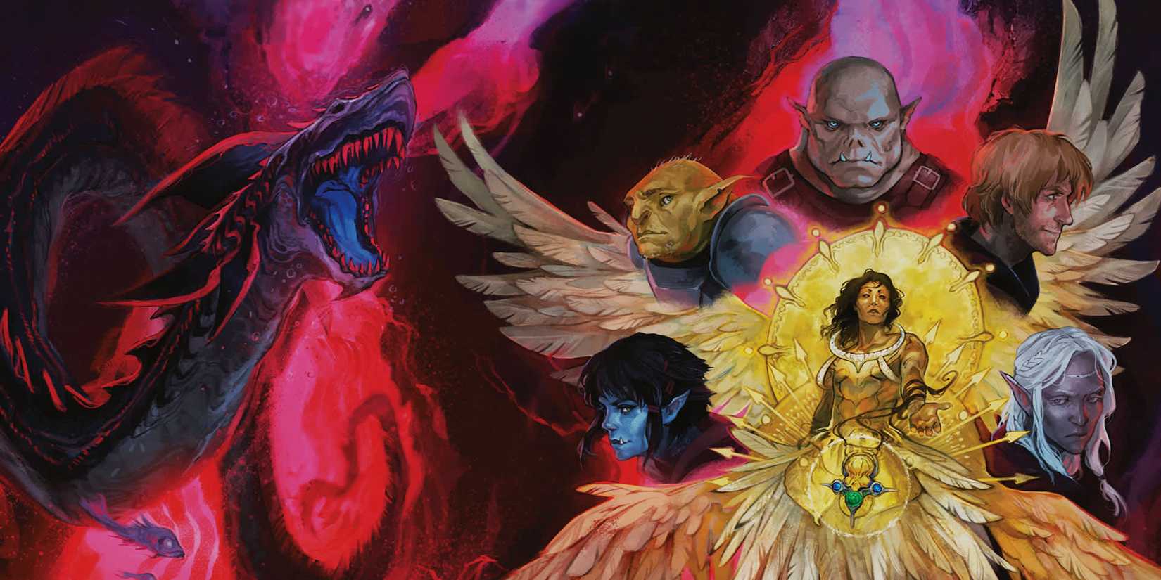 Cover art from Dungeons and Dragons Critical Role Call of the Netherdeep showing a variety of characters.
