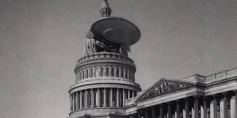 A black and white image of a flying saucer flying into the Capital Building in Earth Vs The Flying Saucers. 