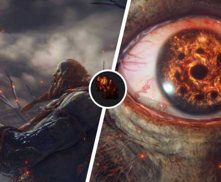 Огненный Гигант из "Elden Ring" слева и огненный глаз справа.