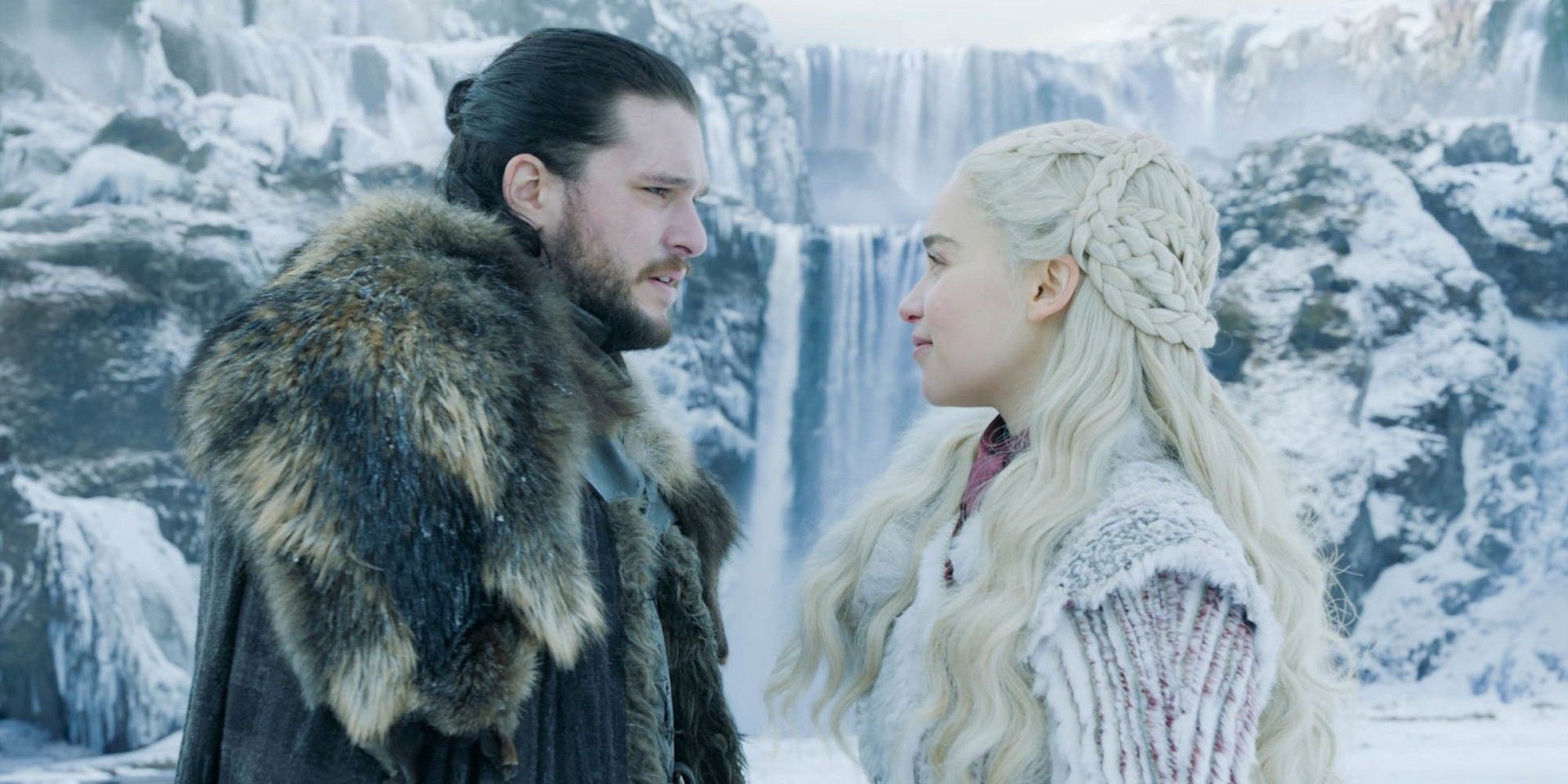 Jon Snow and the Queen of Dragons in Game of Thrones Look at each other