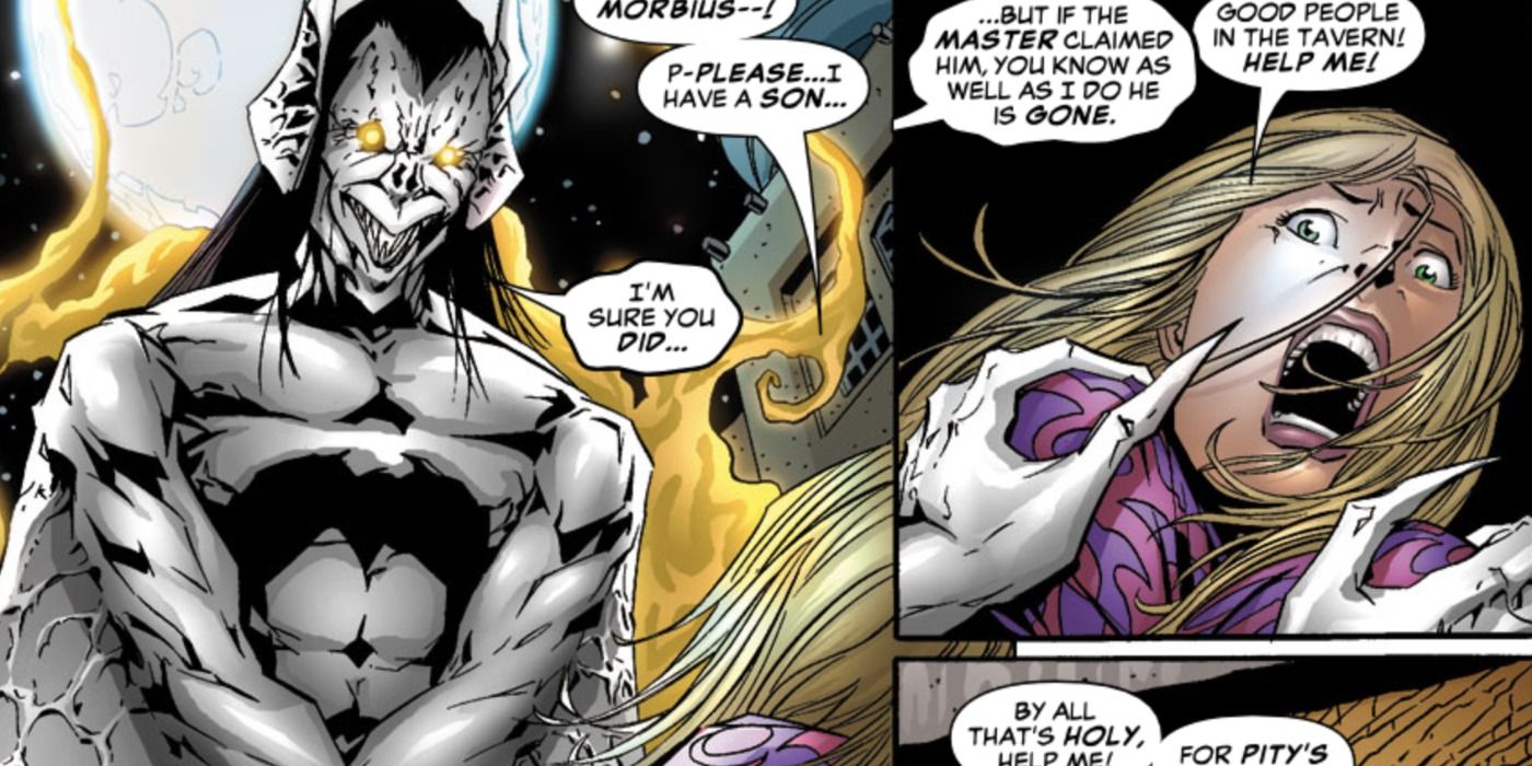 Lord Morbius attacks in Exiles comics.