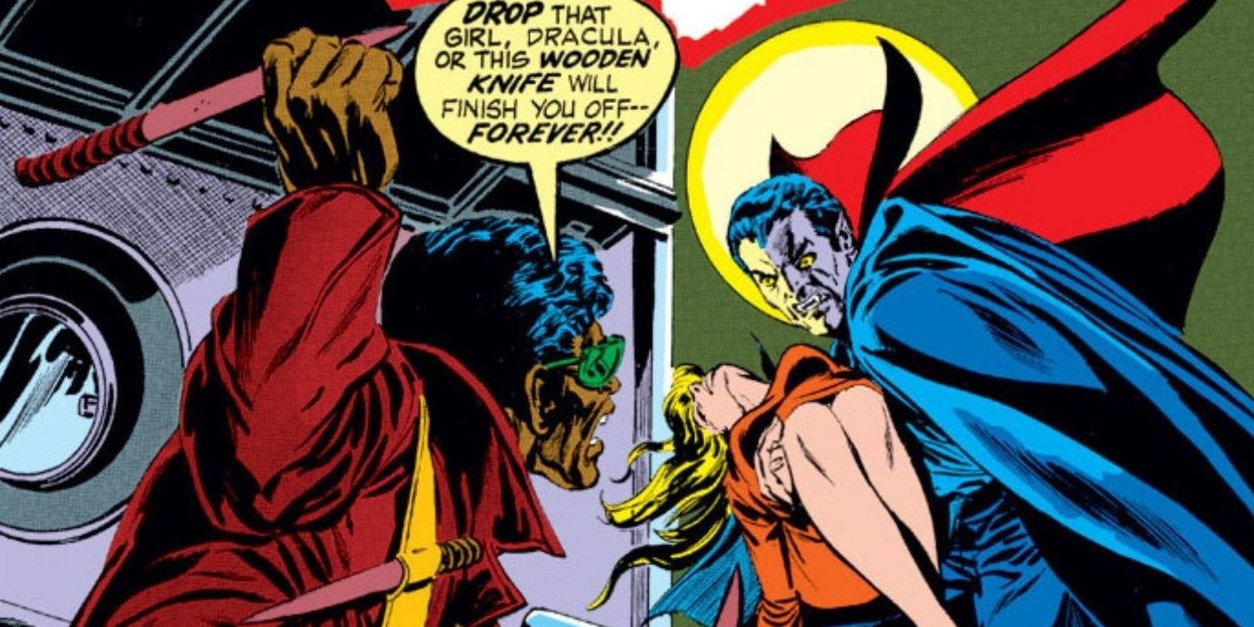 Blade threatens Dracula in Marvel Comics.
