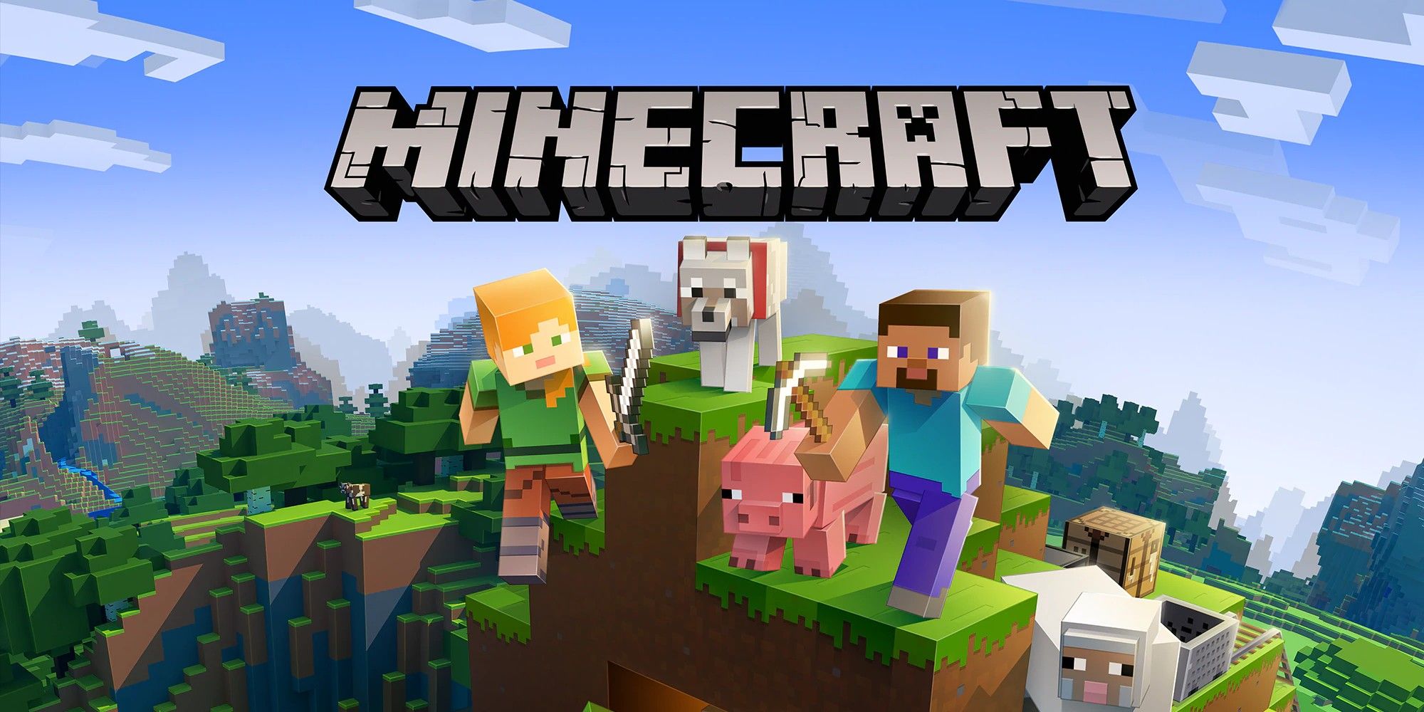 Minecraft cover art with players enemies and animals