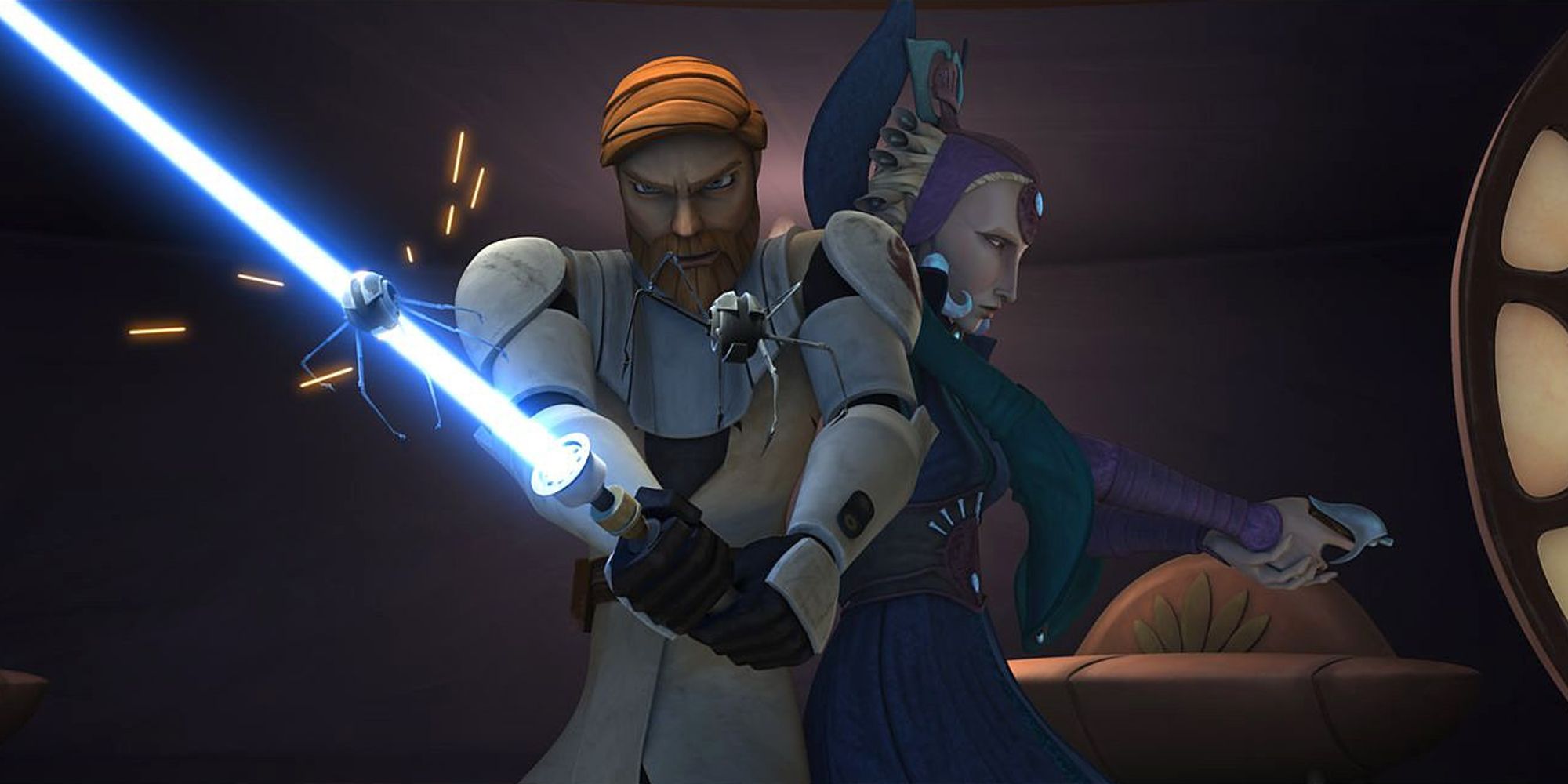Obi Wan Kenobi fighting back to back with Duchess Satine in Star Wars The Clone Wars