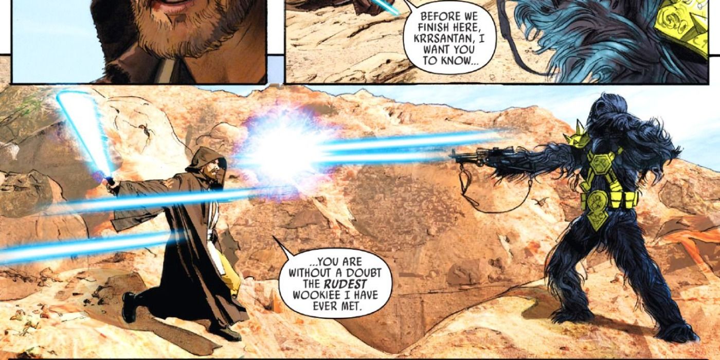 Obi Wan Kenobi fights Black Krrsantan in Star Wars comics.