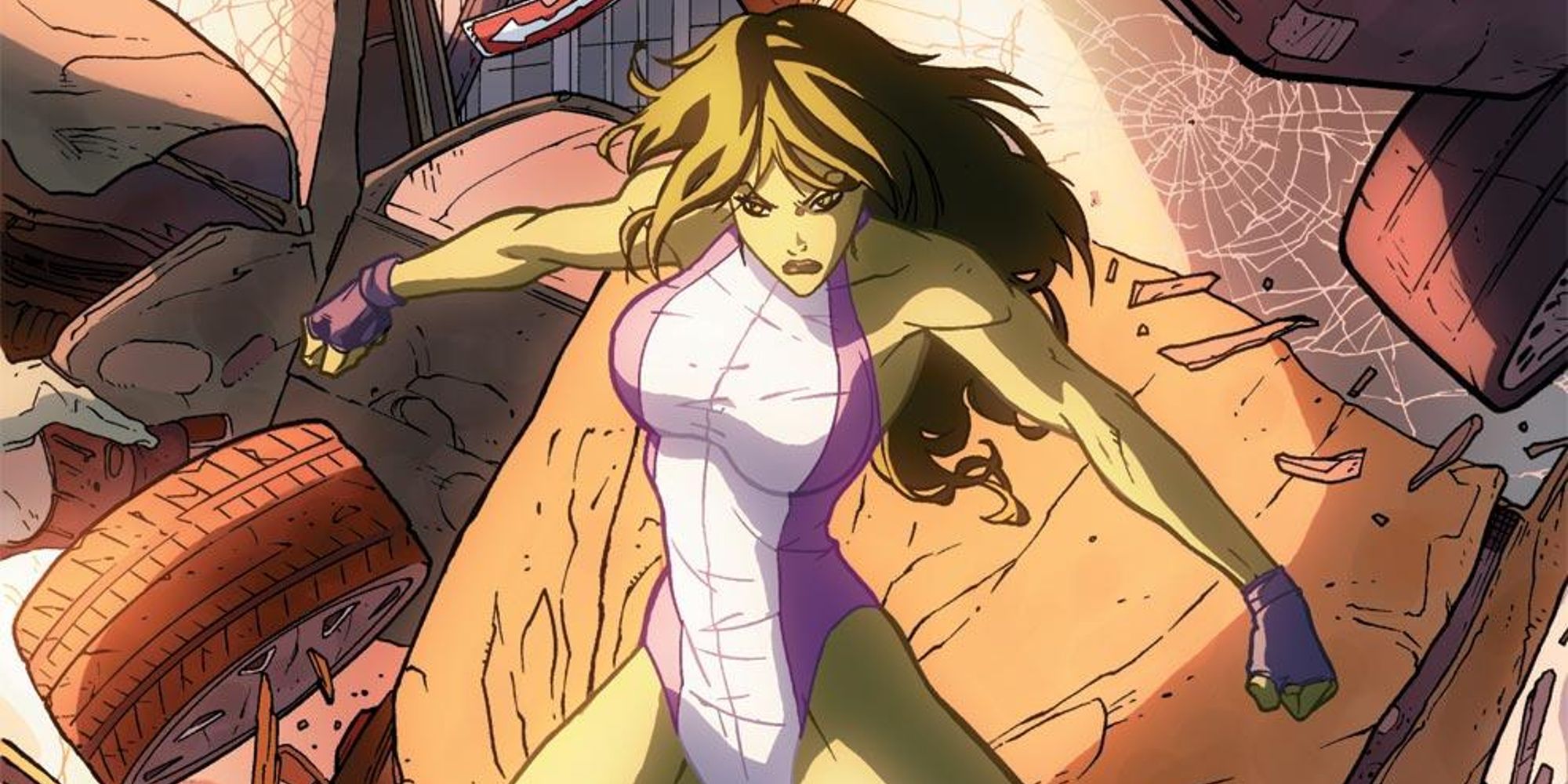 She Hulk amidst destruction in She Hulk 2005