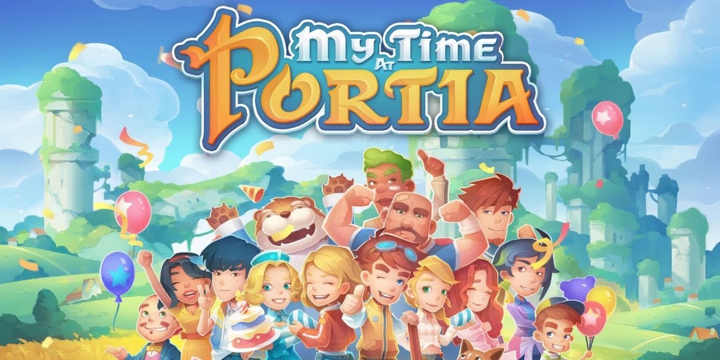 Foto do título de My Time At Portia com um grupo de personagens em modo paisagem 