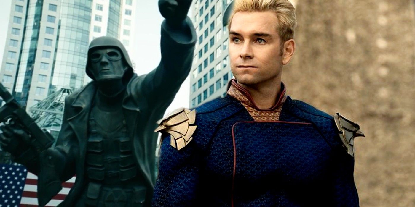 Soldier Boy statue and Antony Starr as Homelander in The Boys