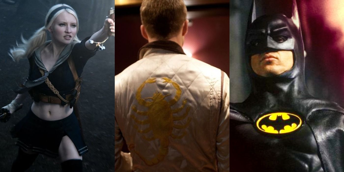 Split image of Baby Doll in Sucker Punch, Driver in Drive, and Batman in Batman