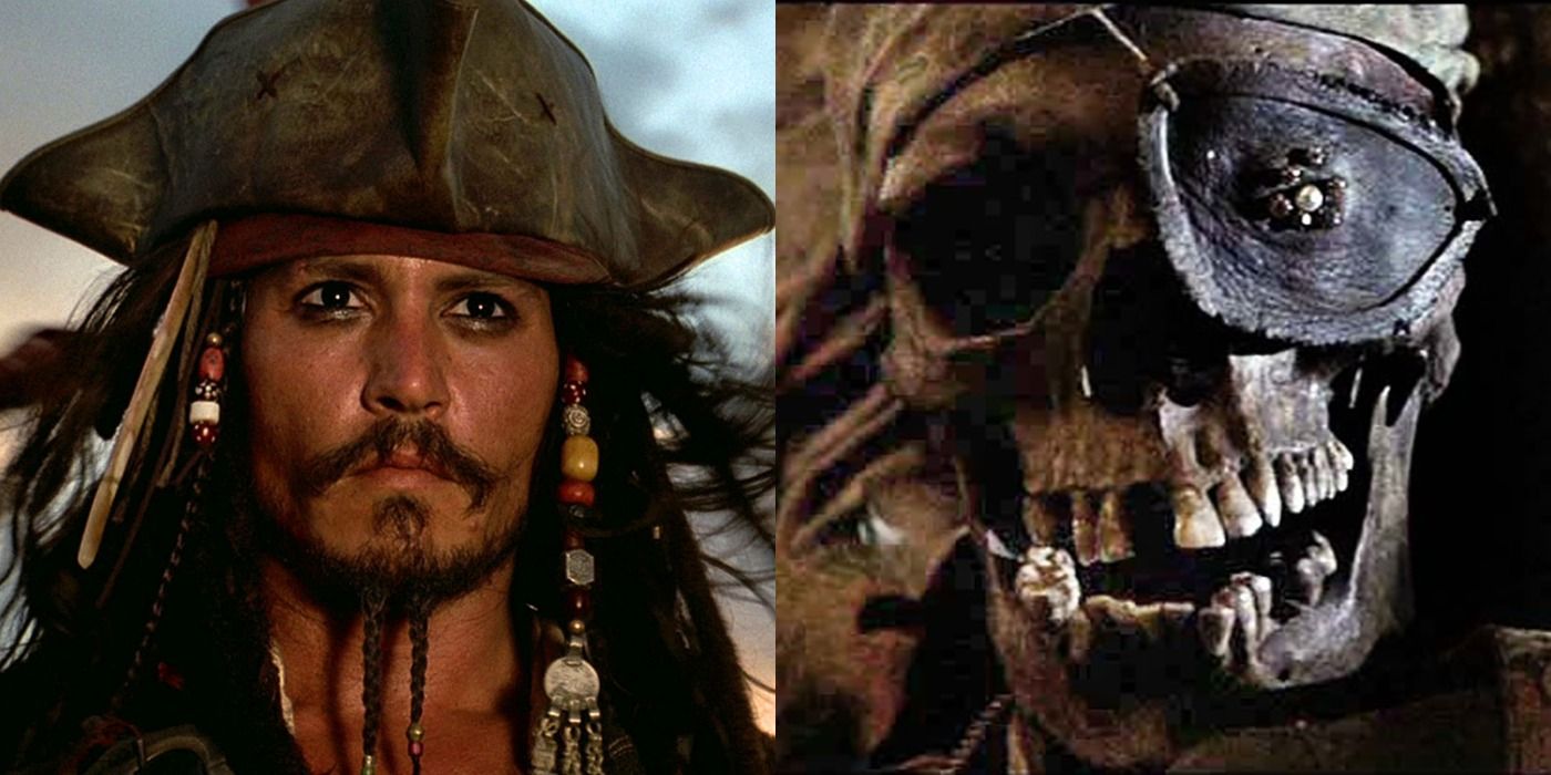 Split image of Jack Sparrow in Pirates of the Caribbean and One Eyed Willie in The Goonies