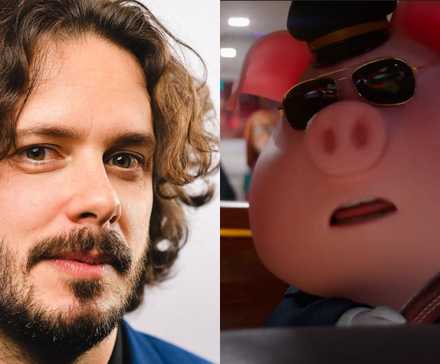 Разделенное изображение режиссера Эдгара Райта и свиньи, которую озвучивает Эдгар Райт в Sing 2