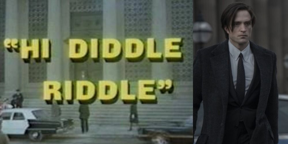 Split image of the Hi Diddle Riddle Title Card And Bruce Wayne In The Batman