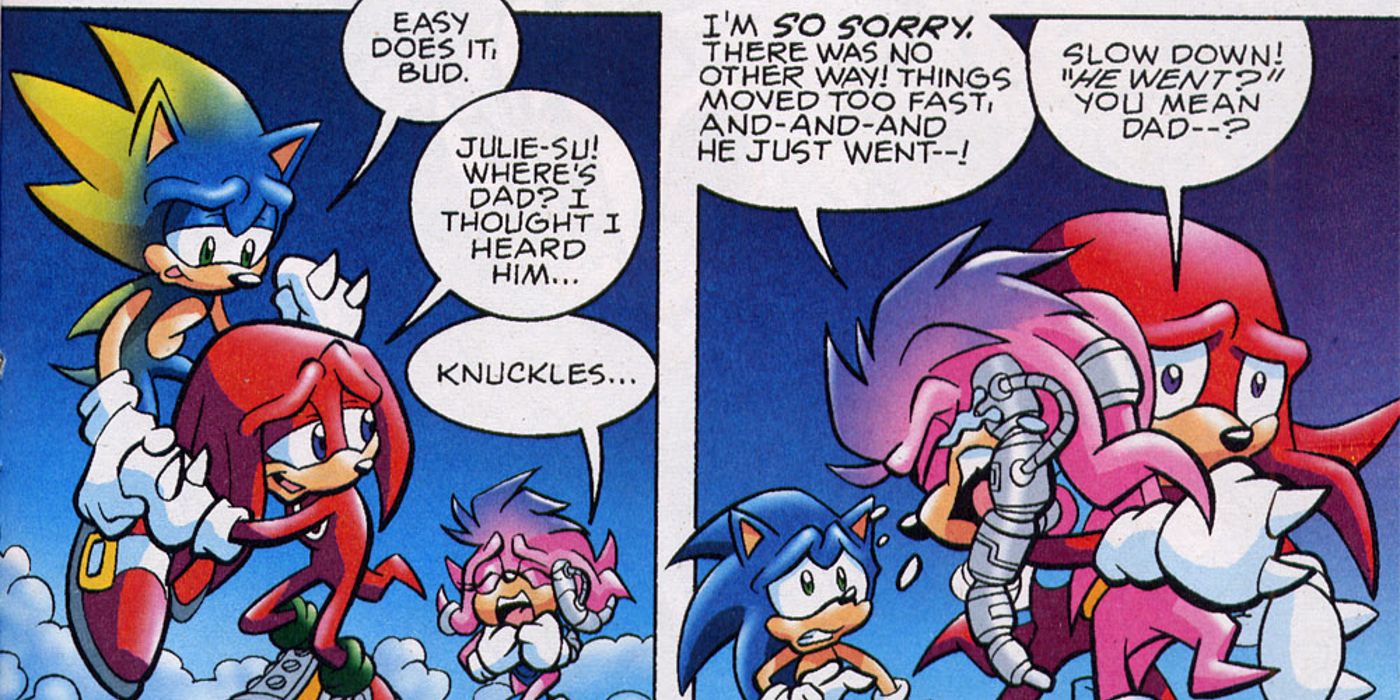 Super Sonic reverts back to his normal form as he helps Knuckles down to the ground in Archie Comics Sonic the Hedgehog 184