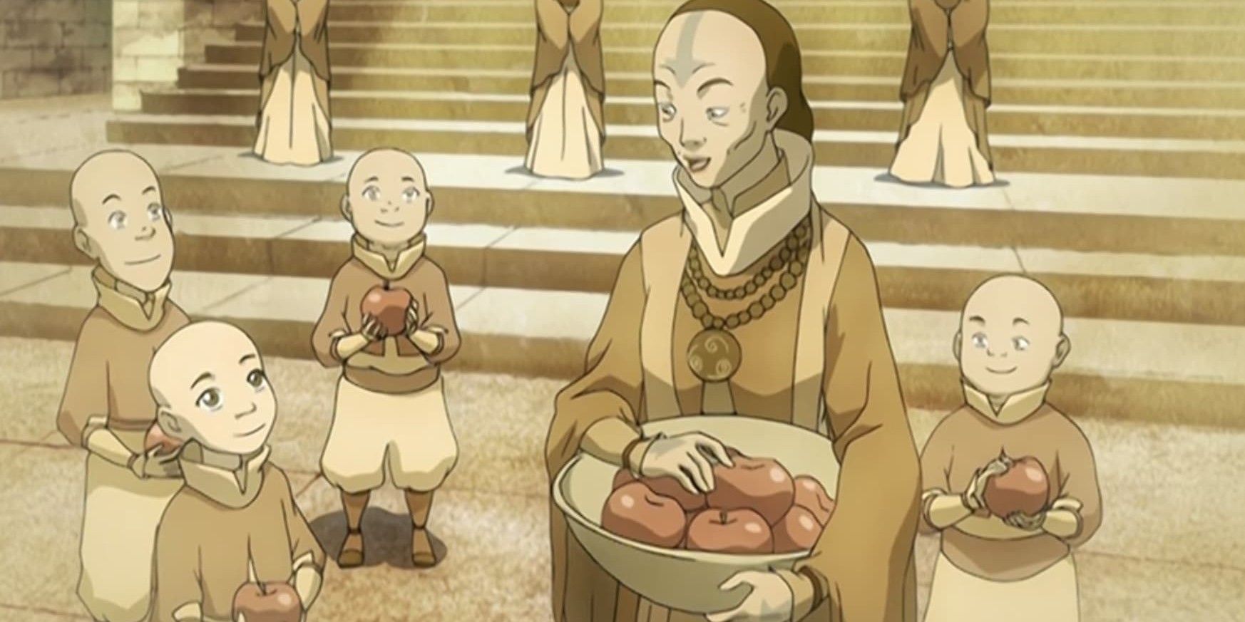 The Air Nomad Monk hands out apples to the air bender children in a flashback in Avatar the last airbender
