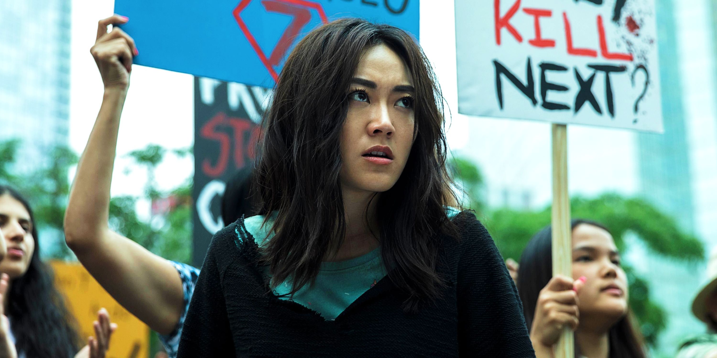 Karen Fukuhara as Kimiko at a protest rally in The Boys.