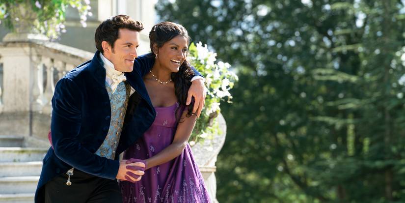 Kate and Anthony holding hands and smiling in Bridgerton season 2