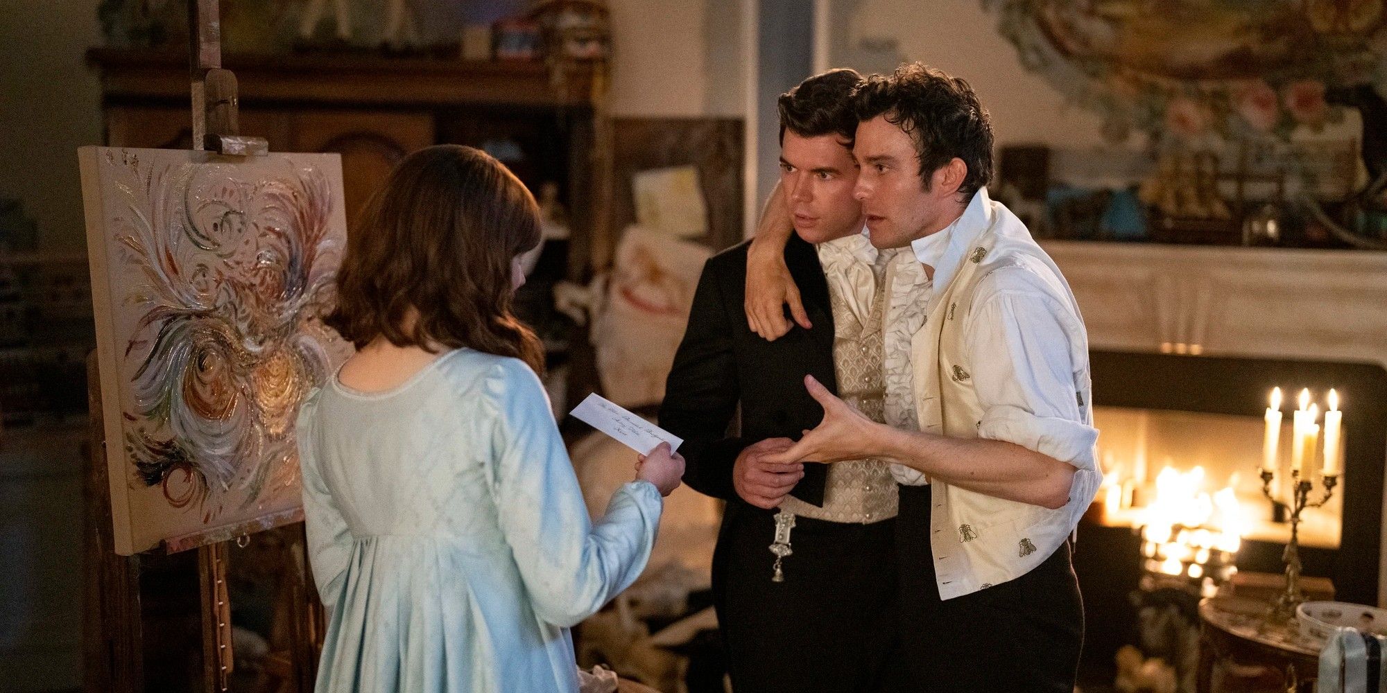 Colin and Benedict talking to Eloise in Bridgerton season 2