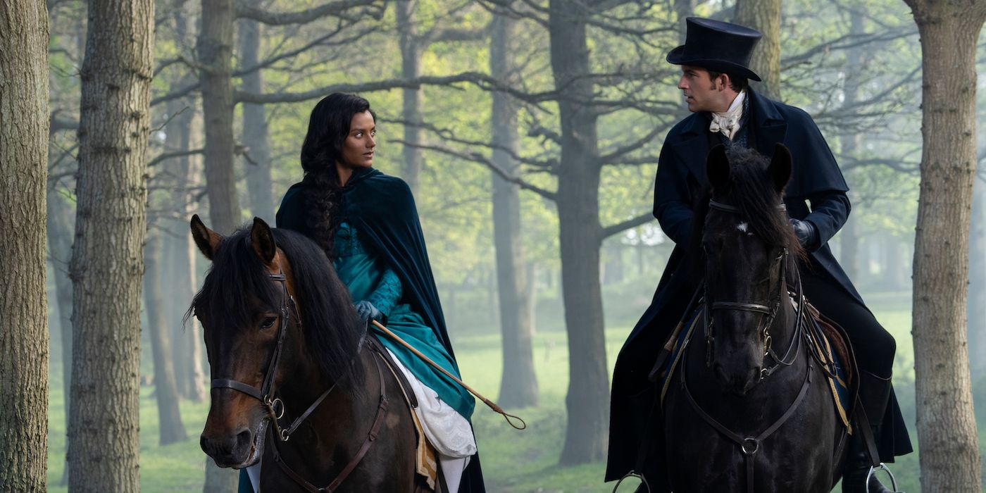 Anthony and Kate riding horses in Bridgerton season 2.