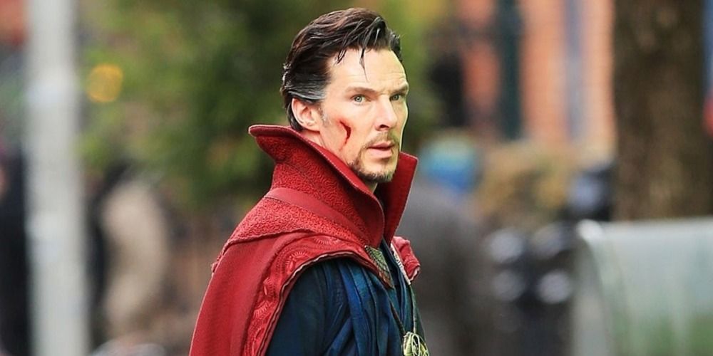 A close up Doctor Strange looking concerned in Spider Man No Way Home