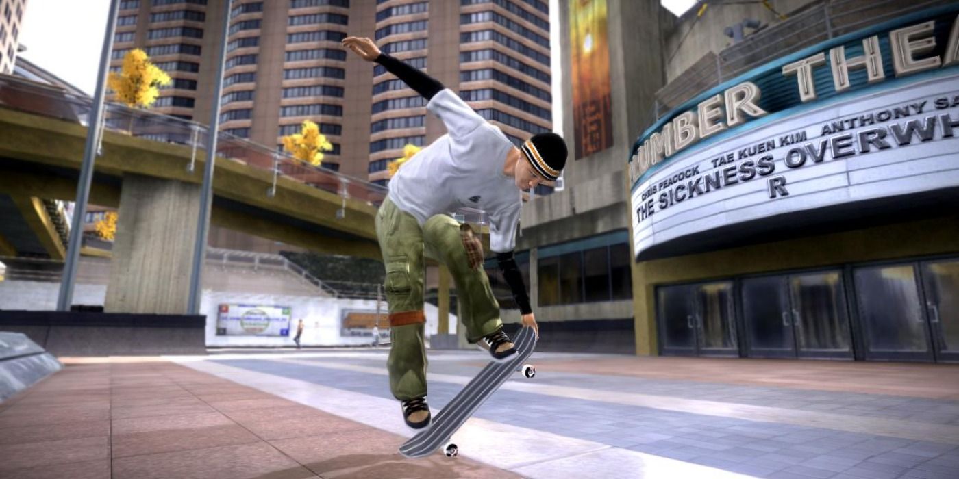A skater pulling tricks outside a movie theatre in Tony Hawks Proving Ground