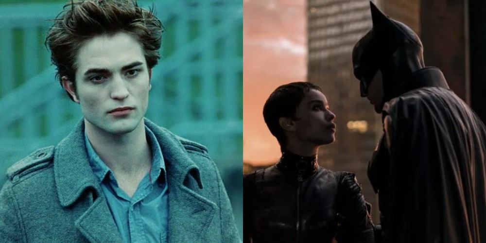 A split image of Edward in Twilight looking serious and Batman and Catwoman talking in The Batman