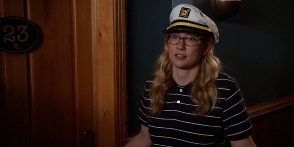 A split image of Elizabeth Meriweather wearing a Captains hat in New Girl