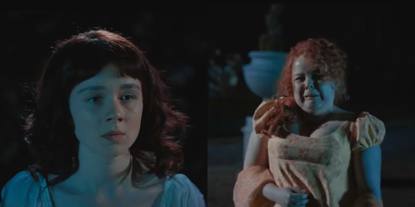 A split image of Eloise and Penelope crying and talking on Bridgerton