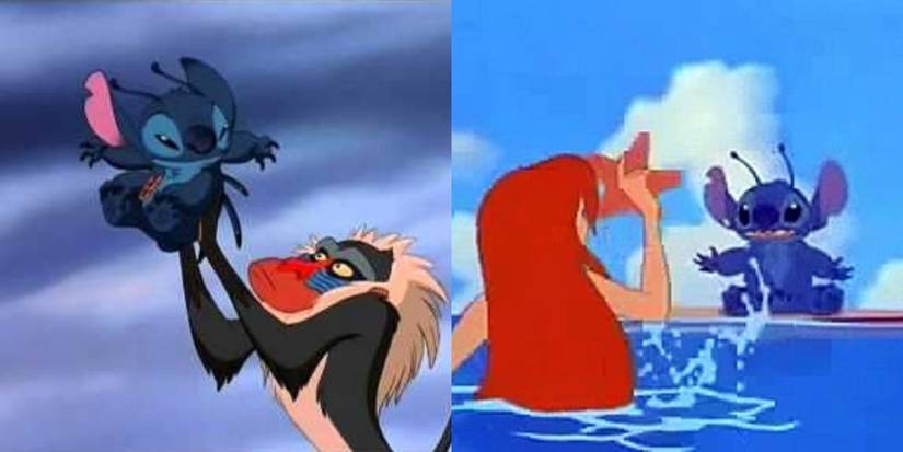 A split image of Stitch with other Disney characters from Lilo and Stitch