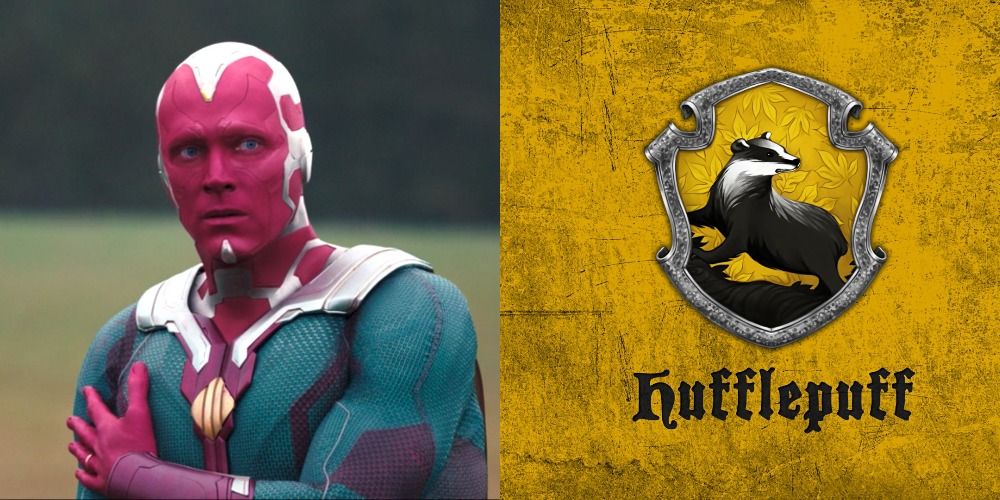 A split image of Vision looking wary and the Hufflepuff logo