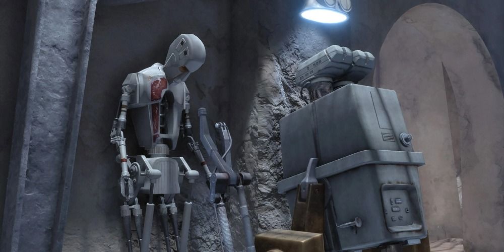 An image of 8D8 talking to another robot in Star Wars