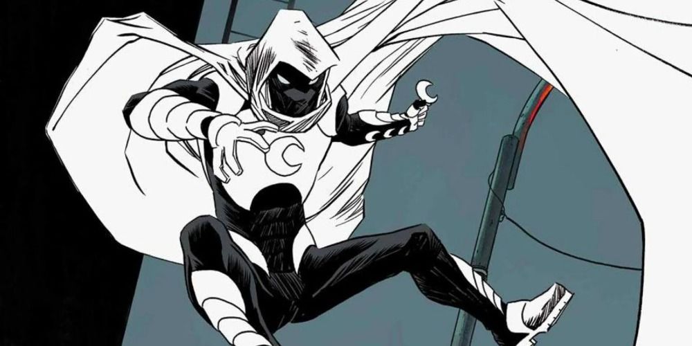 An image of Moon Knight throwing his throwing his weapons in the Marvel comics