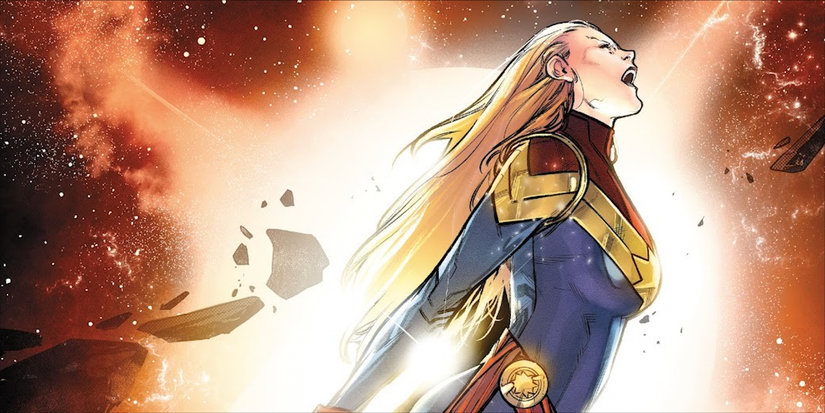Captain Marvel flies through space.