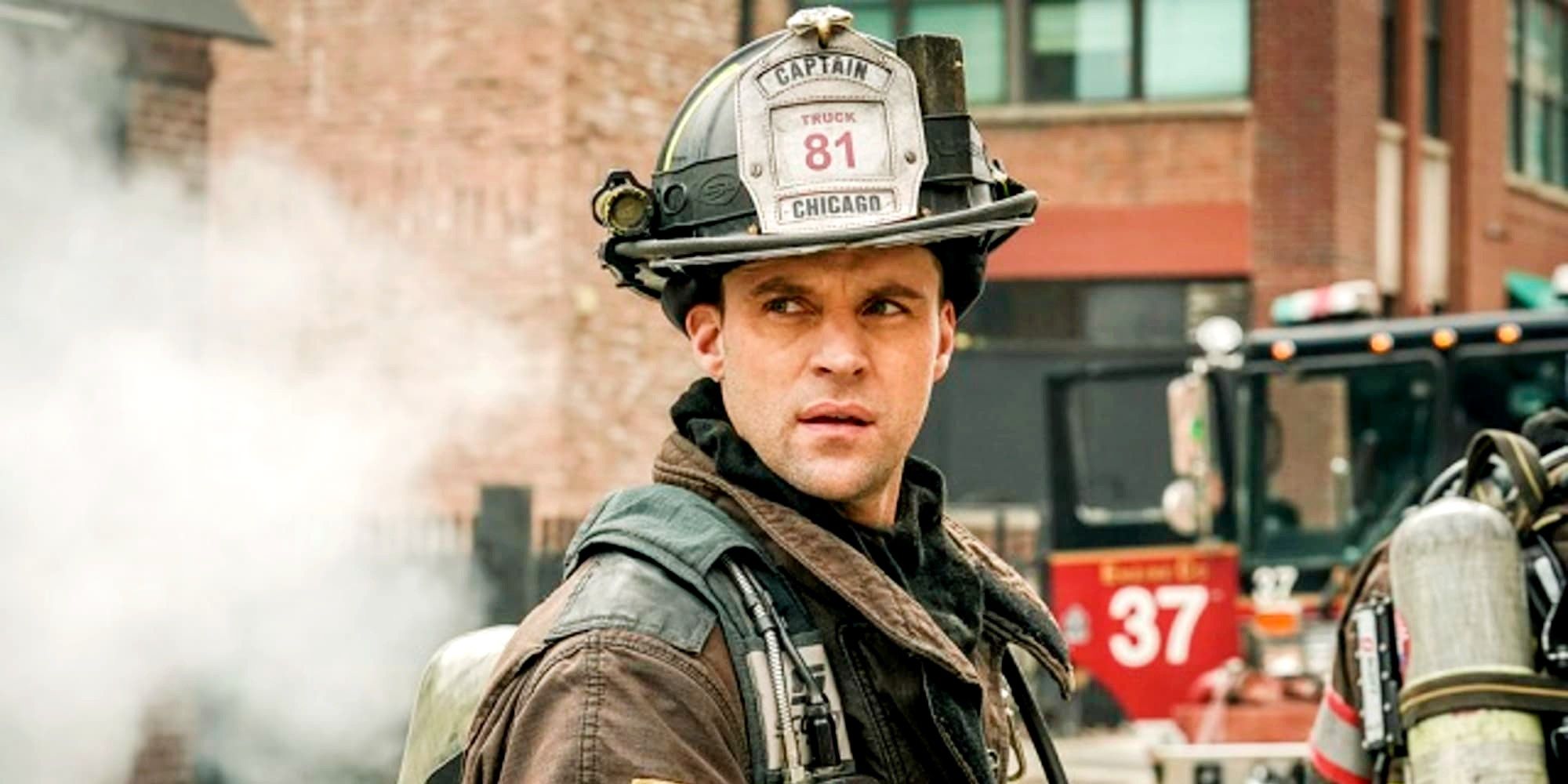 Spencer wearing a fire helmet in Chicago Fire