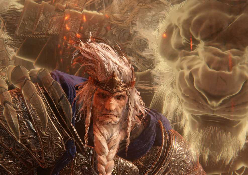 A close-up of Godfrey, First Elden Lord in Elden Ring, who has the ethereal Beast Regent Serosh clinging to his back.